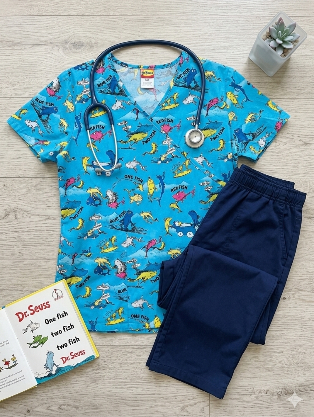 Dr. Seuss Small One Fish Two Fish Mock Wrap V-Neck Medical Scrub Top Pockets AOP